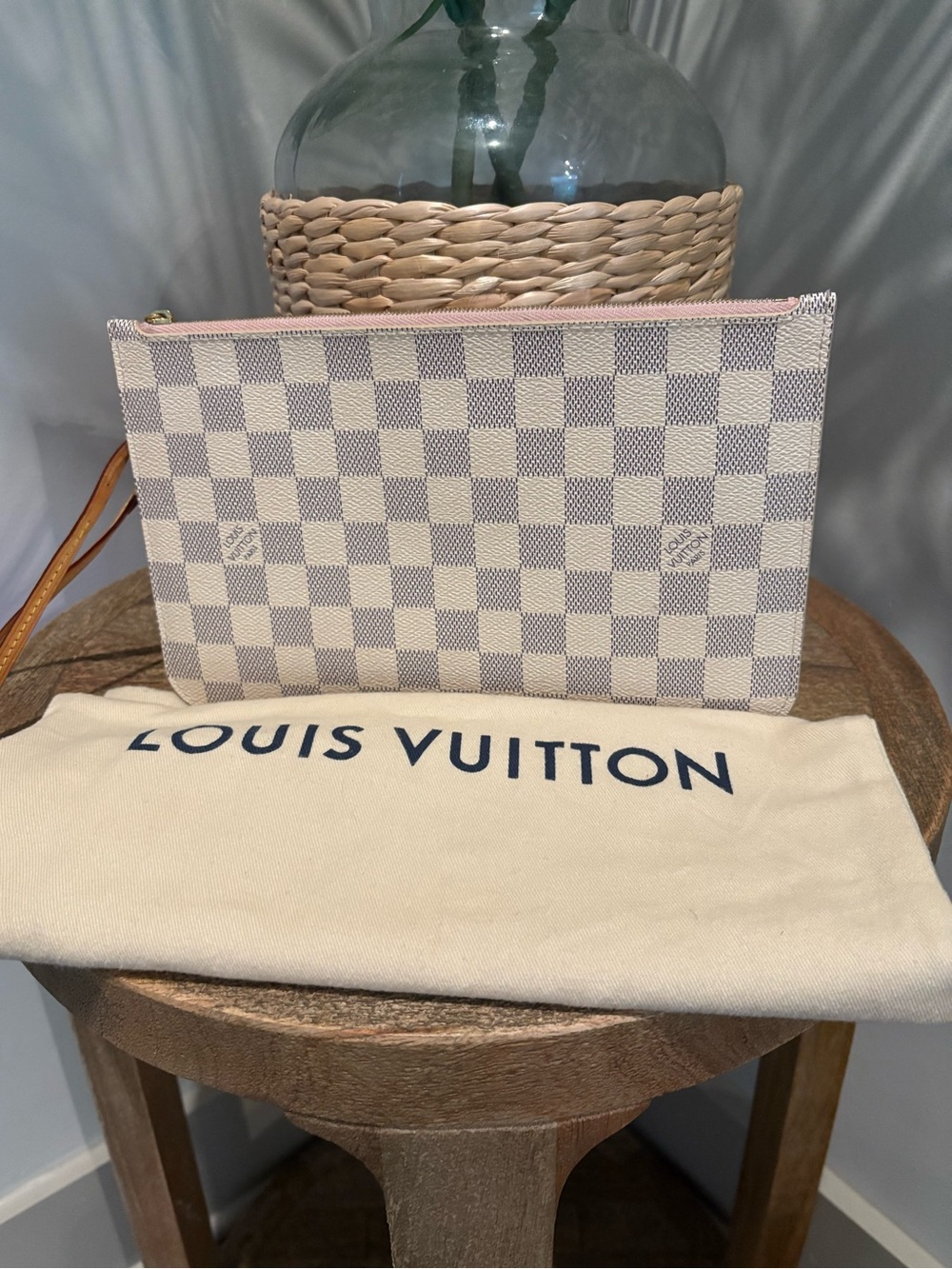 Louis Vuitton Damier Azur Cream and Light Grey with Pink Trim Zip Pouch